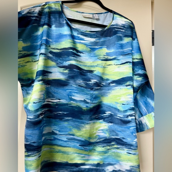 Chico’s Sz 2 Blue & Green Geographic Waterprint w/Dolman Sleeve,Coastal Grandma - Picture 1 of 7